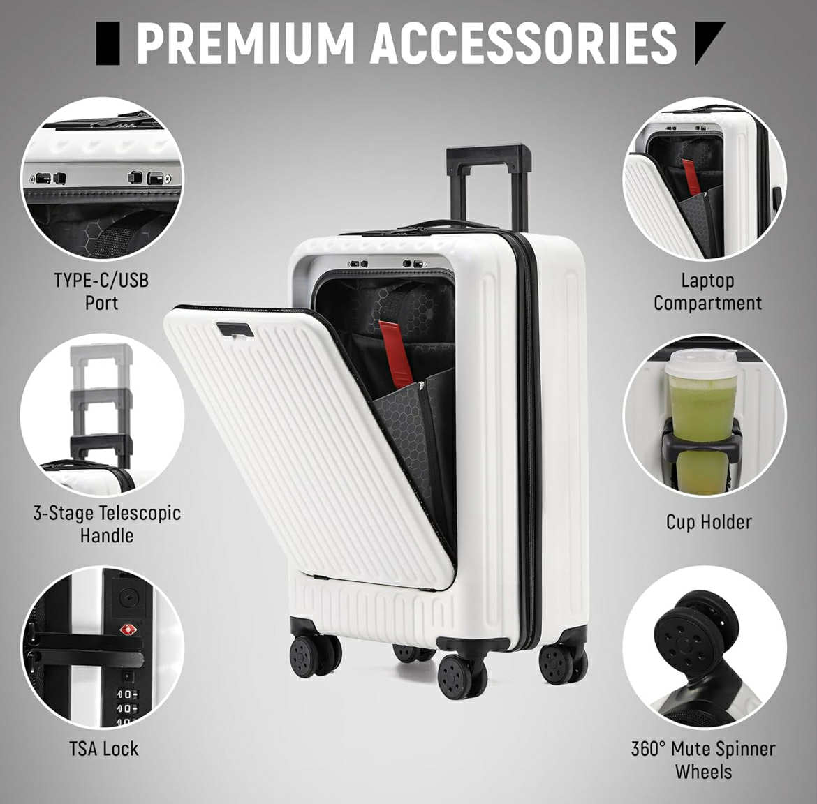 URBAN EXPLORER 20" Carry-On With USB/C Ports, Cup Holder & Front Access - White